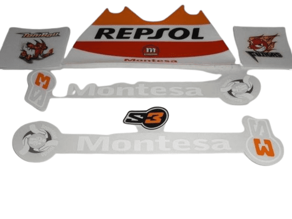 Kit adesivi originale Montesa Cota 4RT del 2014 su serbatoio pilota dello sponsor, sospensione anteriore, protezione del basamento.